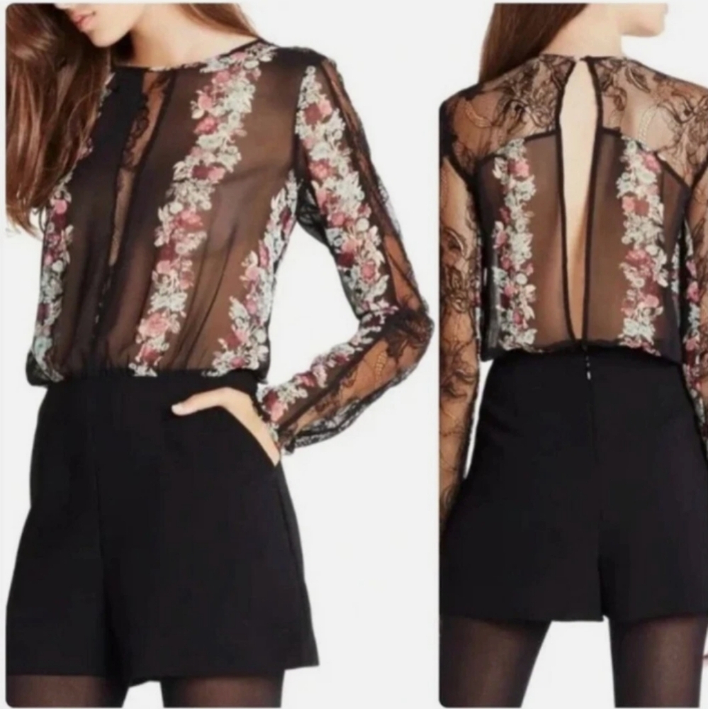 BCBGeneration Sheer Black Floral Romper